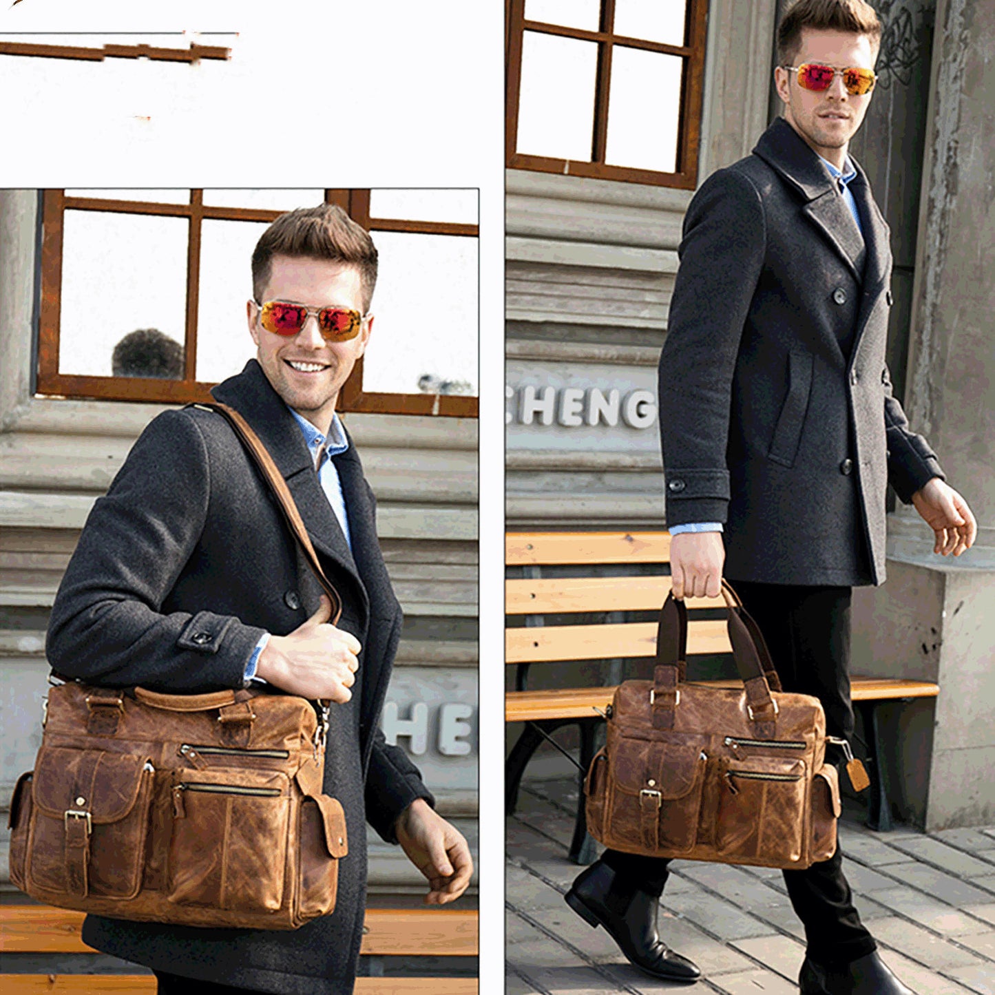 Horizontal Outdoor Business Hand Bag -  First Layer Cowhide Leather Travel Luggage