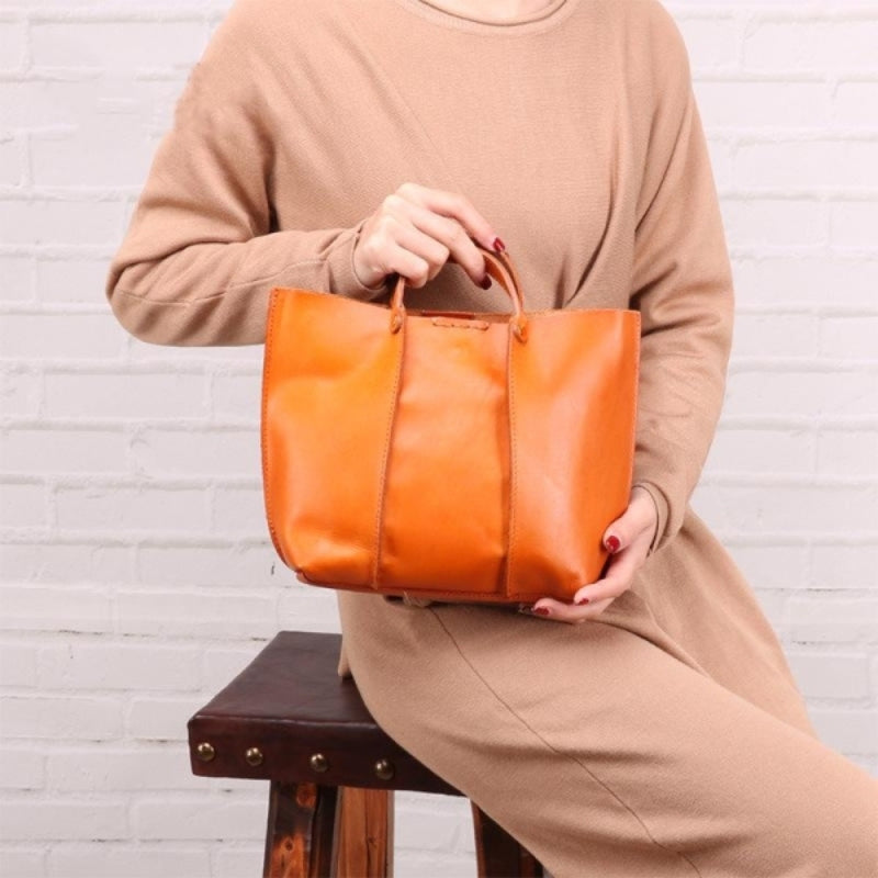Premium Cowhide Leather Shoulder Tote Bag - Modern Bucket Style Shoulder Bags
