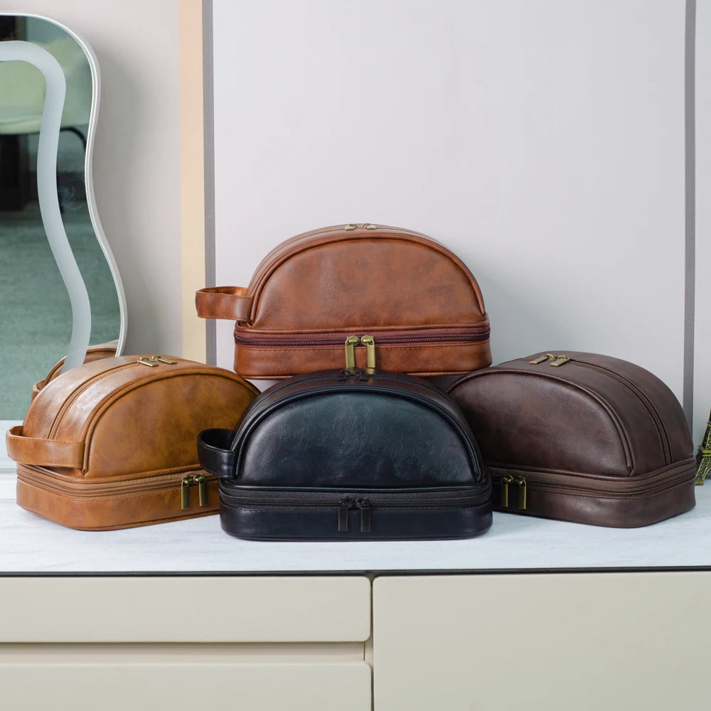 Men's Leather Waterproof Toiletry Bag - Large Capacity Storage Cosmetic Case