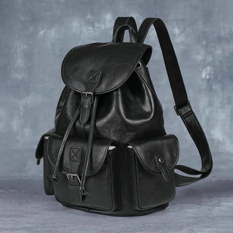 Geometric Pattern Genuine Leather Retro Backpack - Casual Soft Leather Hiking Bag