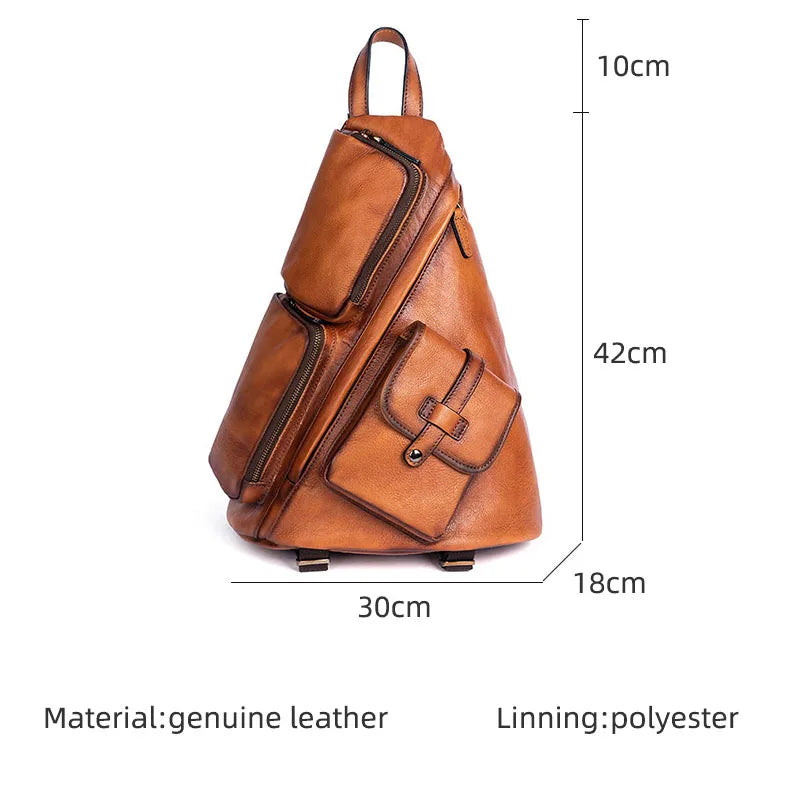 Genuine Leather Rucksack Travel Casual Retro Bag - Men Real Cowhide Zipper Backpacks