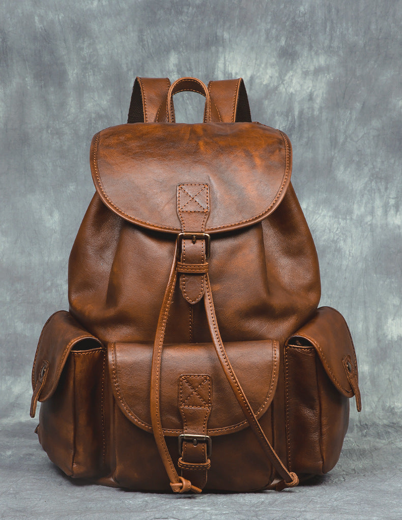 Geometric Pattern Genuine Leather Retro Backpack - Casual Soft Leather Hiking Bag