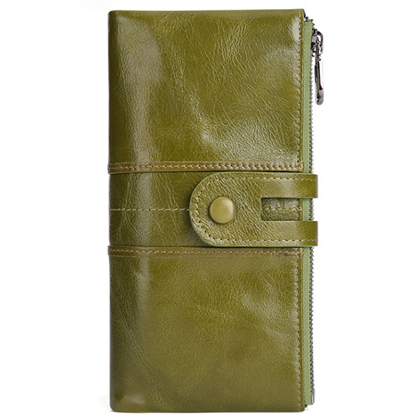 Women Genuine Cowhide Leather Clutch Wallet - Long Zipper Purse with Snap Button Closure