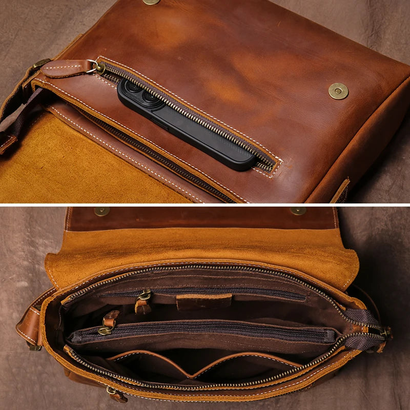 Crazy Horse Leather Messenger Bag - Men's Vintage Flap Crossbody Bags