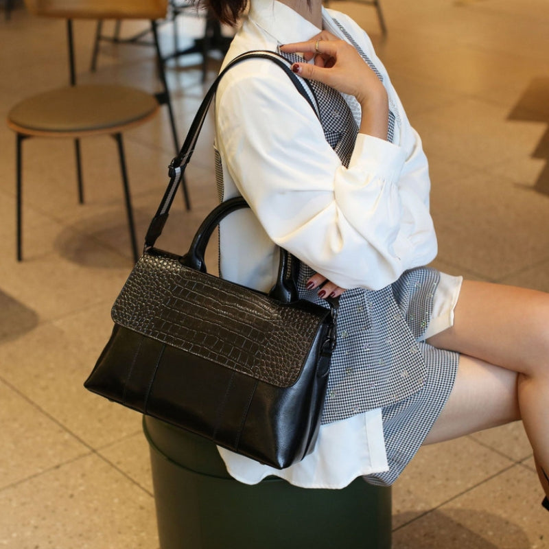 Women's Crossbody Shoulder Bag - Crocodile Pattern Sandwich Zipper Bag