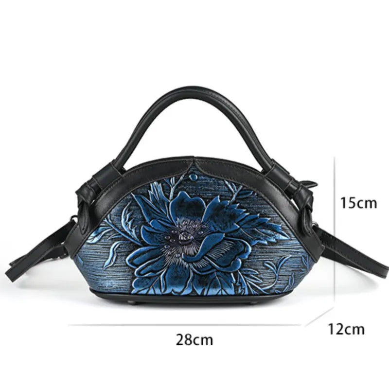 Women's Vintage Genuine Leather Handbag - Embossed Handmade Shoulder Bag