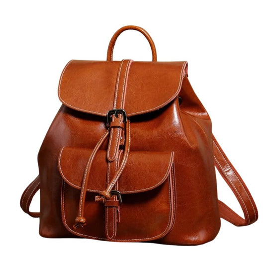Genuine Waxed Leather Drawstring Backpack for Women