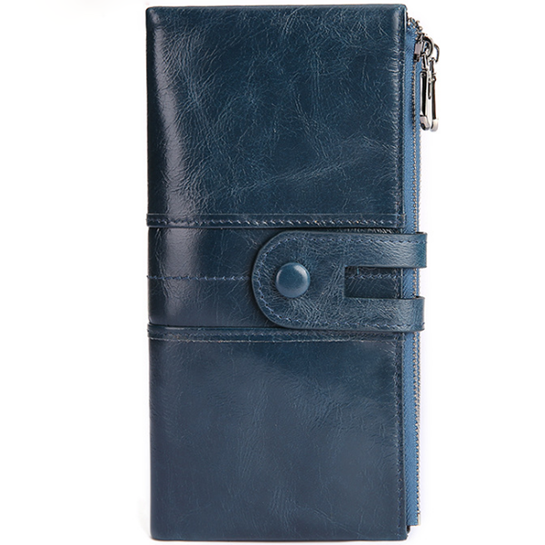 Women Genuine Cowhide Leather Clutch Wallet - Long Zipper Purse with Snap Button Closure