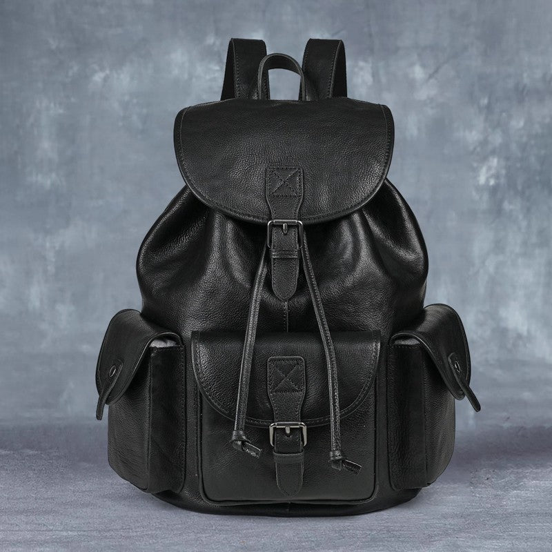 Geometric Pattern Genuine Leather Retro Backpack - Casual Soft Leather Hiking Bag