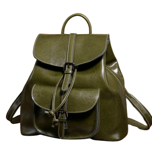 Genuine Waxed Leather Drawstring Backpack for Women