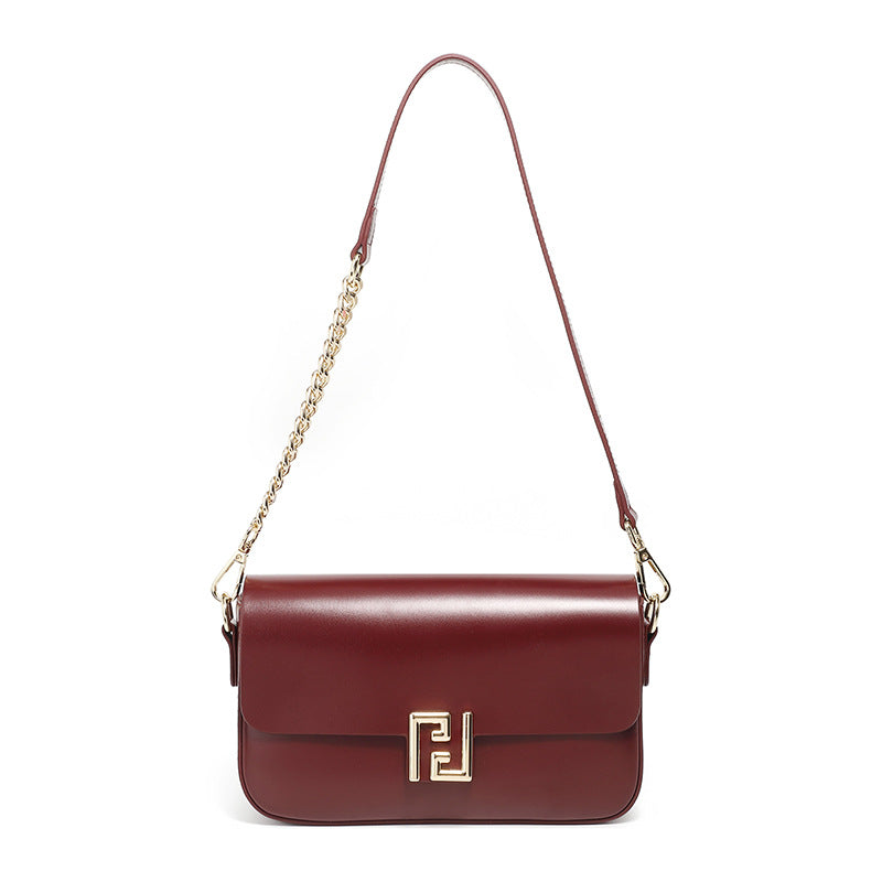 Genuine Leather Chain Flap Shoulder Bag - Cowhide Leather Lock Clasp Purse
