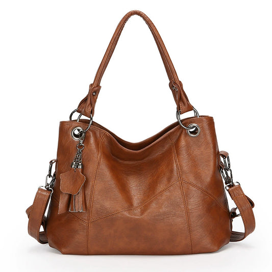 Large Capacity Soft Leather Stitching Handbag - American Retro Square Bag