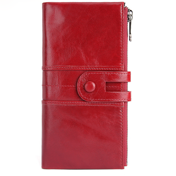 Women Genuine Cowhide Leather Clutch Wallet - Long Zipper Purse with Snap Button Closure