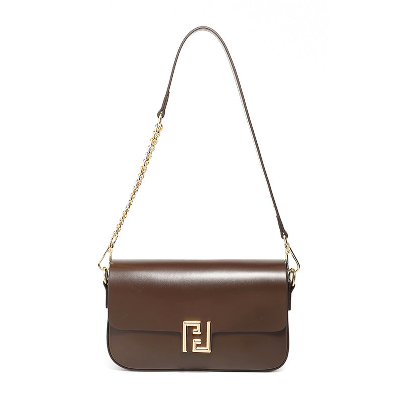 Genuine Leather Chain Flap Shoulder Bag - Cowhide Leather Lock Clasp Purse