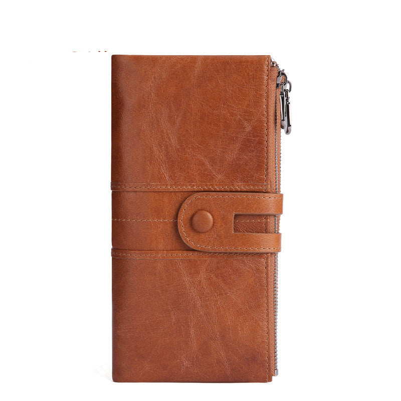 Women Genuine Cowhide Leather Clutch Wallet - Long Zipper Purse with Snap Button Closure