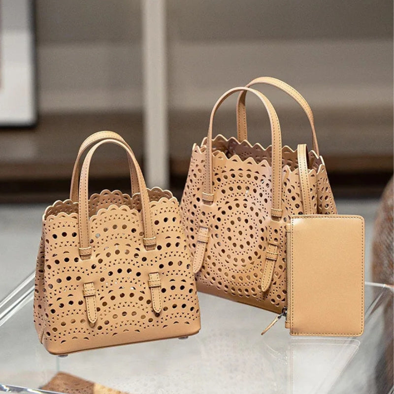 French Handmade Cowhide Leather Tote Bag - Vegetable Basket Versatile Handbag