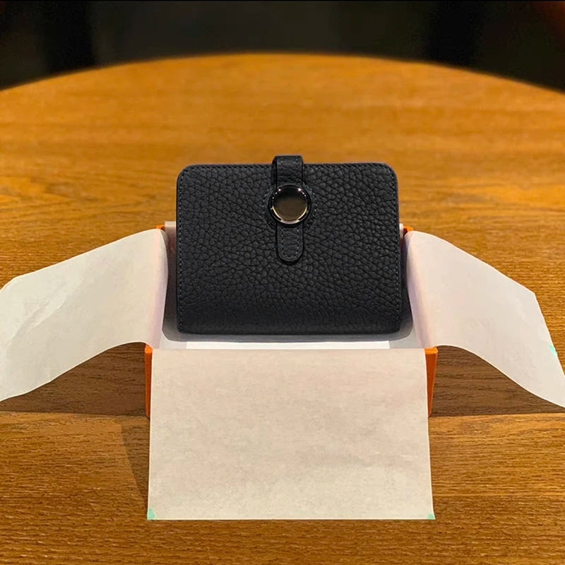 Black genuine leather card holder wallet with hasp closure