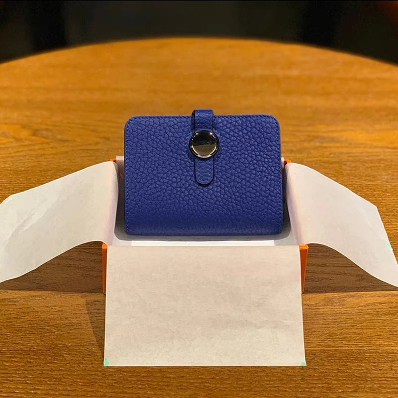 Blue genuine leather card holder wallet with hasp closure