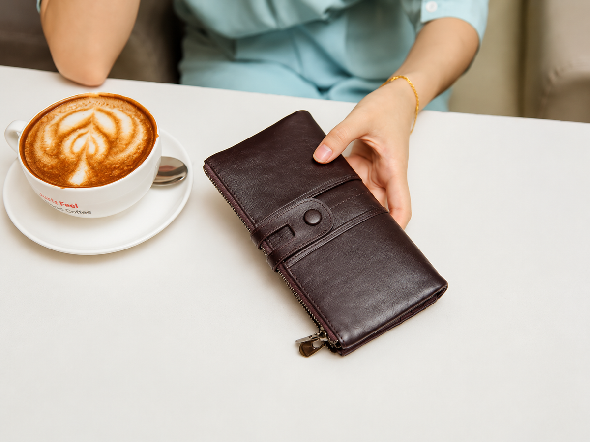 Women Genuine Cowhide Leather Clutch Wallet - Long Zipper Purse with Snap Button Closure