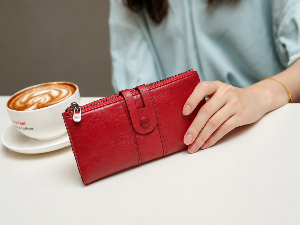 Women Genuine Cowhide Leather Clutch Wallet - Long Zipper Purse with Snap Button Closure