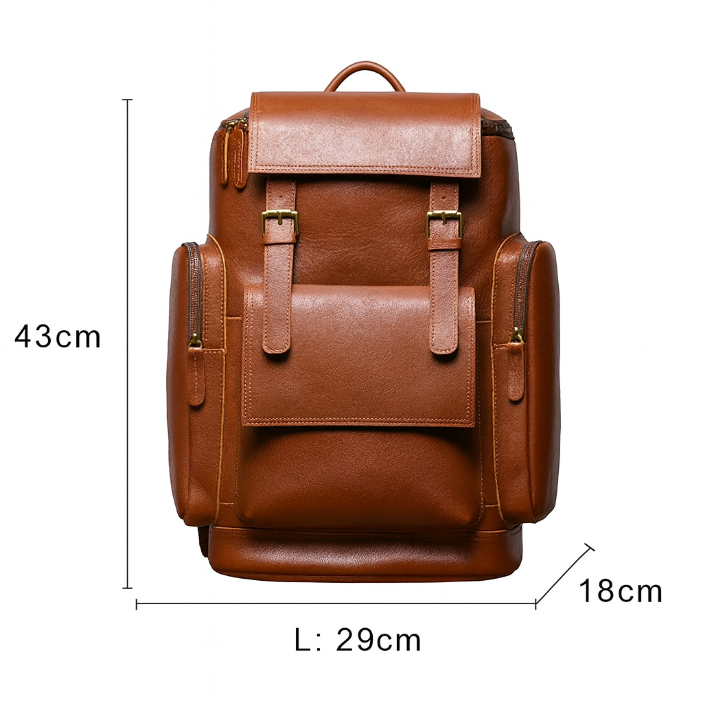 Brown leather backpack with dimensions on a white background