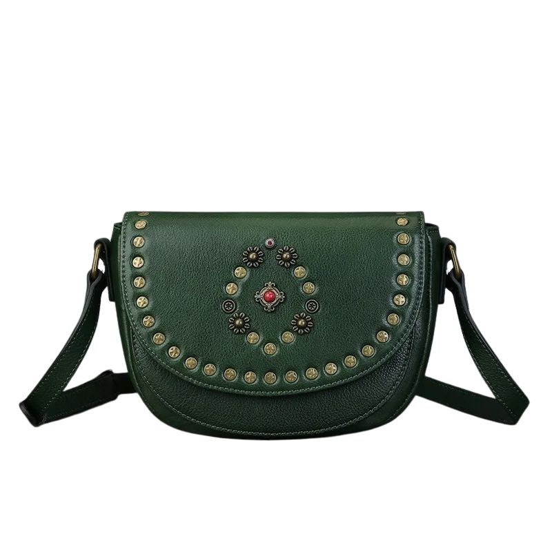 Genuine Leather Women's Saddle Bag - Retro Handmade Rivet Crossbody Bags
