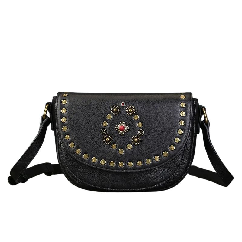 Genuine Leather Women's Saddle Bag - Retro Handmade Rivet Crossbody Bags