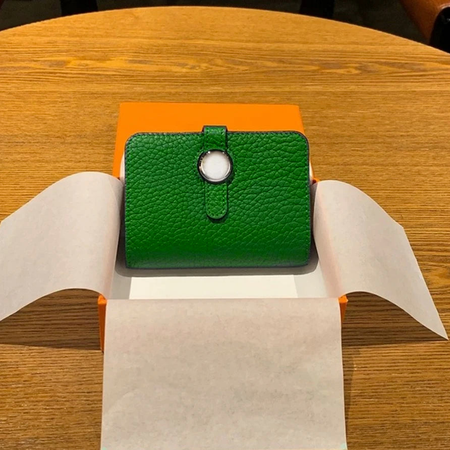 Green genuine leather card holder wallet with hasp closure