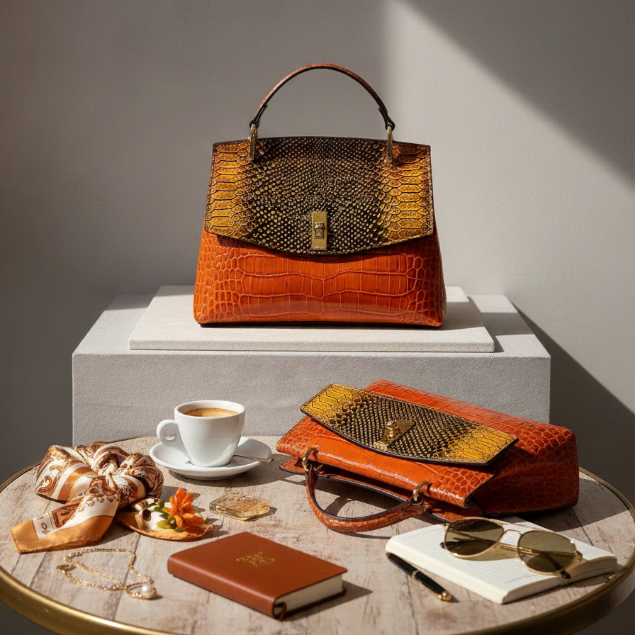 Brown handbag on a white pedestal with a cup of coffee and accessories on a round table.