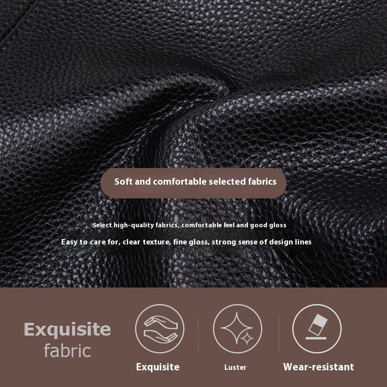 Close-up of black leather texture with text highlighting fabric qualities.
