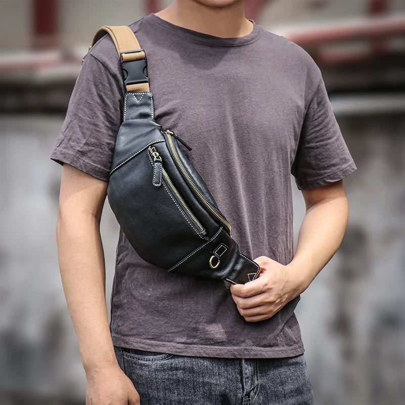 Men's Genuine Leather Chest Bag Outdoor Sports Waist Bag