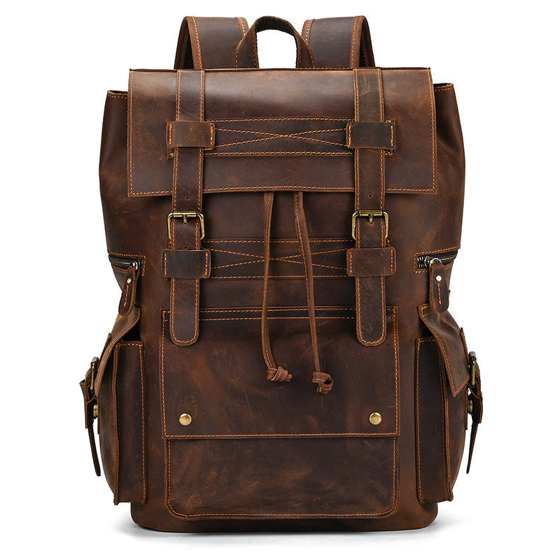 Retro Crazy Horse Leather Backpack – Large Capacity 16-Inch Cowhide Laptop & Travel Bag with Multi-Flap Pockets