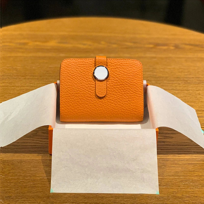 Orange genuine leather card holder wallet with hasp closure
