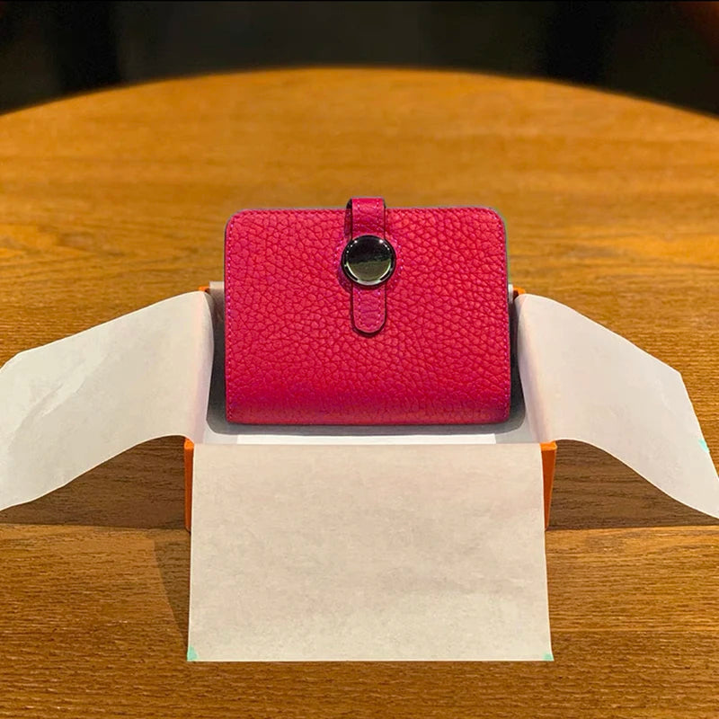 Red genuine leather card holder wallet with hasp closure
