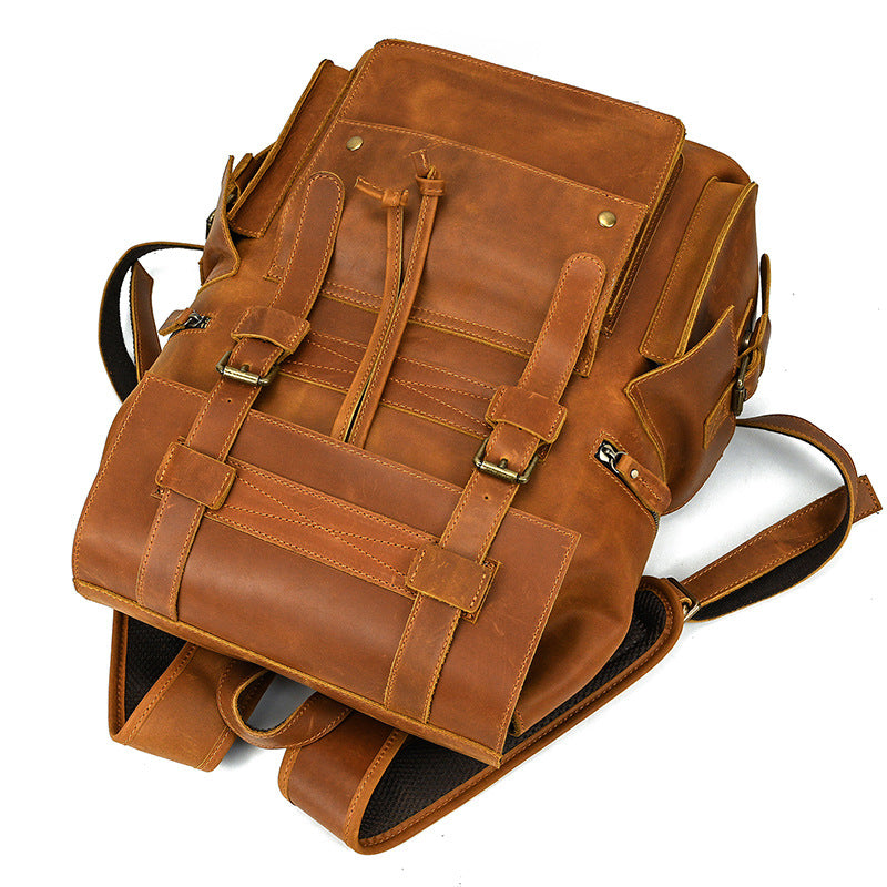 Retro Crazy Horse Leather Backpack – Large Capacity 16-Inch Cowhide Laptop & Travel Bag with Multi-Flap Pockets