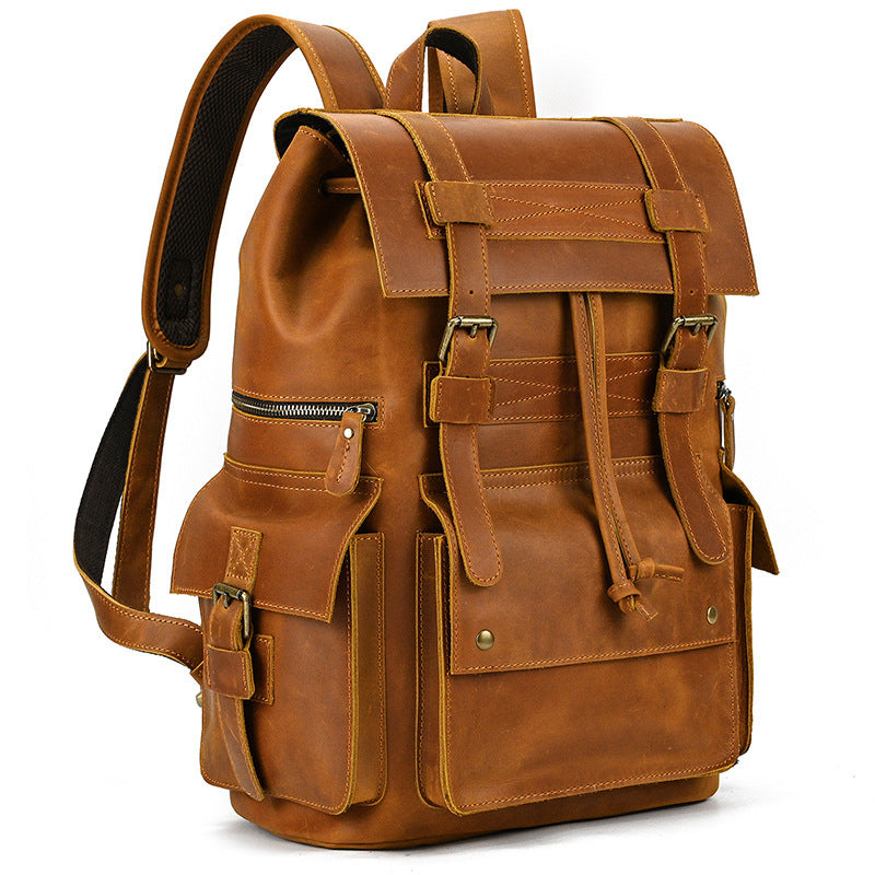 Retro Crazy Horse Leather Backpack – Large Capacity 16-Inch Cowhide La