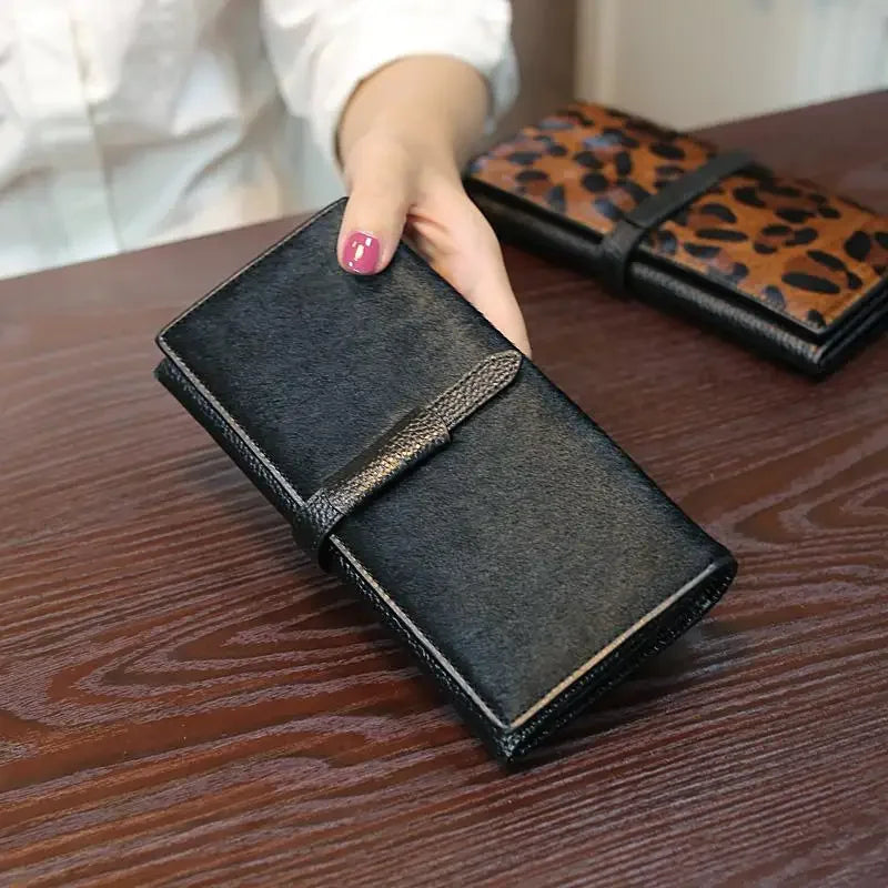 black Color Women's Genuine Leather Leopard Long Wallet Clutch