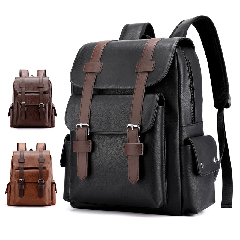 Stylish Men’s PU Leather Laptop Backpack – Large Capacity School & Travel Bag