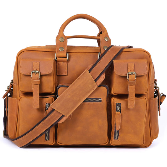 Brown Color Men's Full Grain Leather Briefcase Laptop Bag 17 Inch