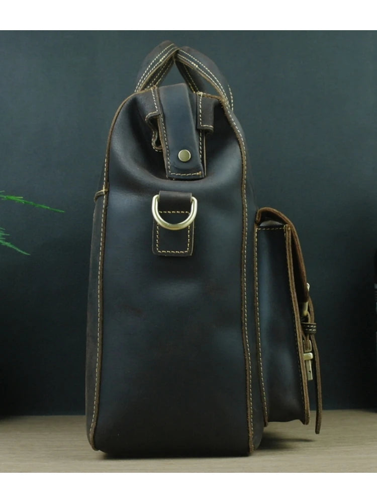 Men's Crazy Horse Leather Laptop Briefcase Messenger