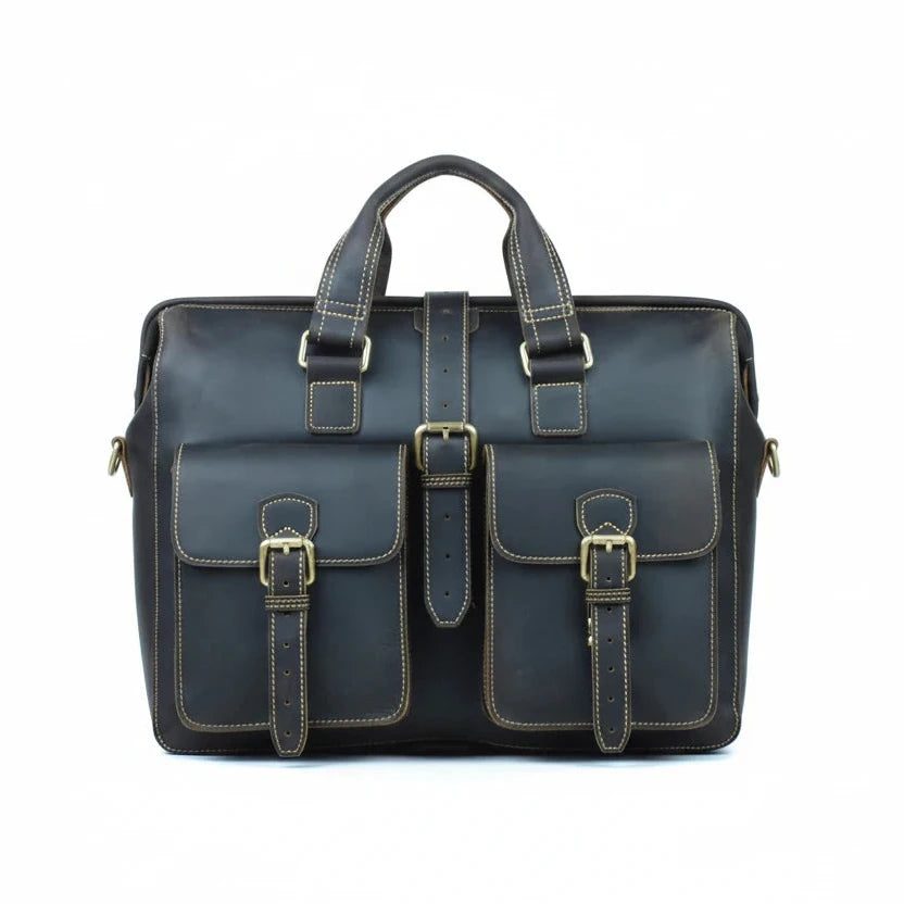 Men's Crazy Horse Leather Laptop Briefcase Messenger