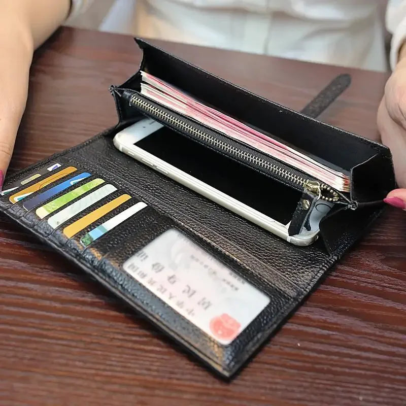 Women's Genuine Leather Leopard Long Wallet Clutch