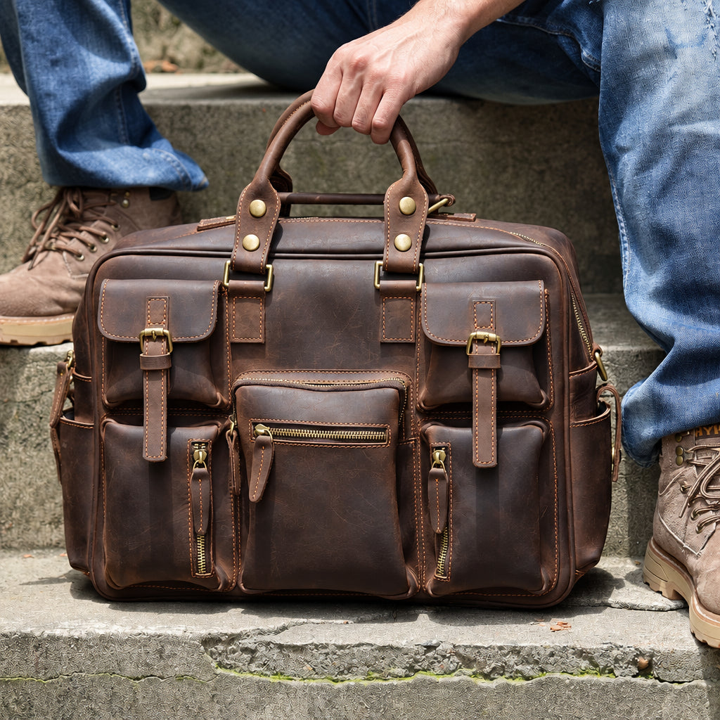 Men's Full Grain Leather Briefcase Laptop Bag 17 Inch