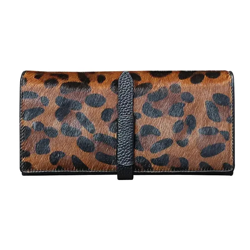 Women's Genuine Leather Leopard Long Wallet Clutch