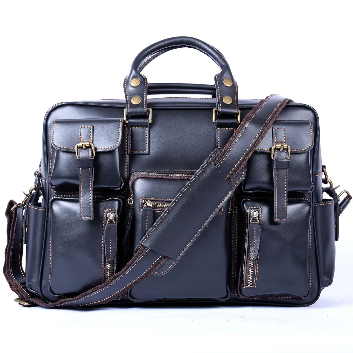 Black Color Men's Full Grain Leather Briefcase Laptop Bag 17 Inch