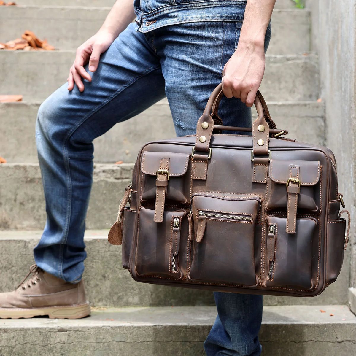 Men's Full Grain Leather Briefcase Laptop Bag 17 Inch