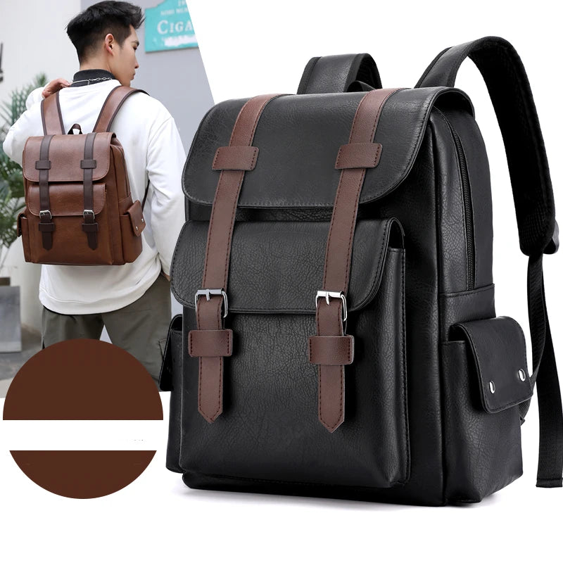 Stylish Men’s PU Leather Laptop Backpack – Large Capacity School & Travel Bag