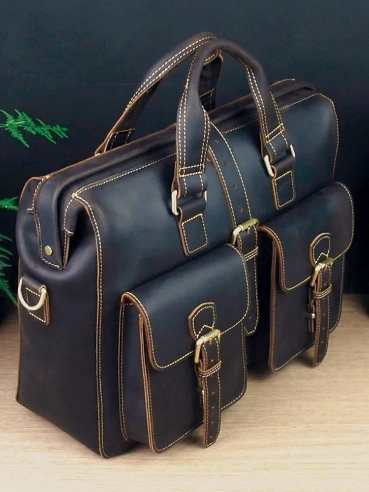 Men's Crazy Horse Leather Laptop Briefcase Messenger