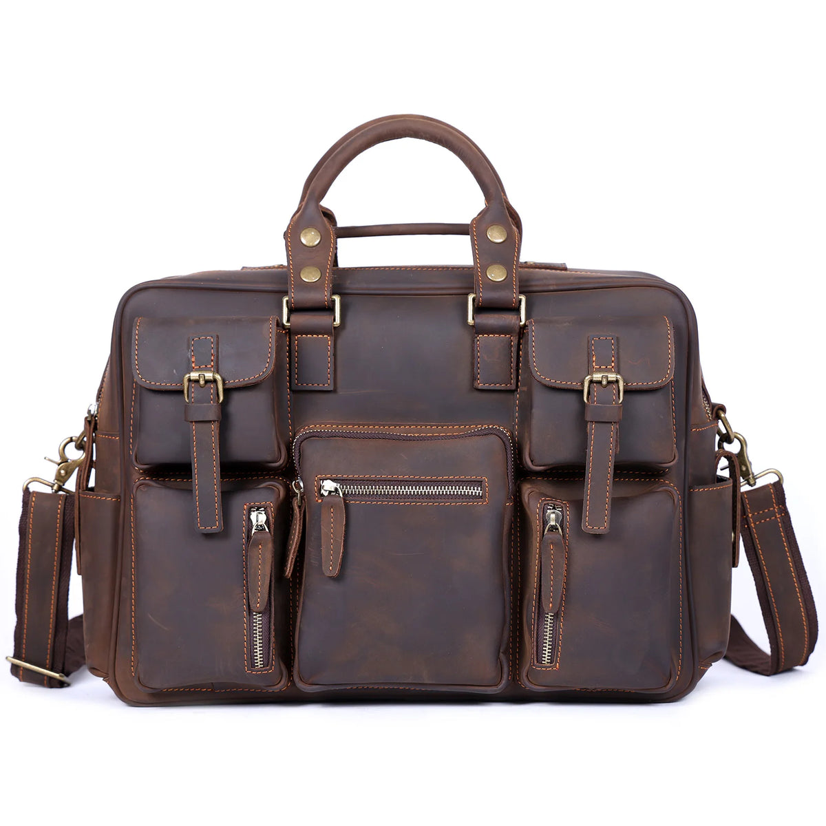 Dark Coffee Color Men's Full Grain Leather Briefcase Laptop Bag 17 Inch