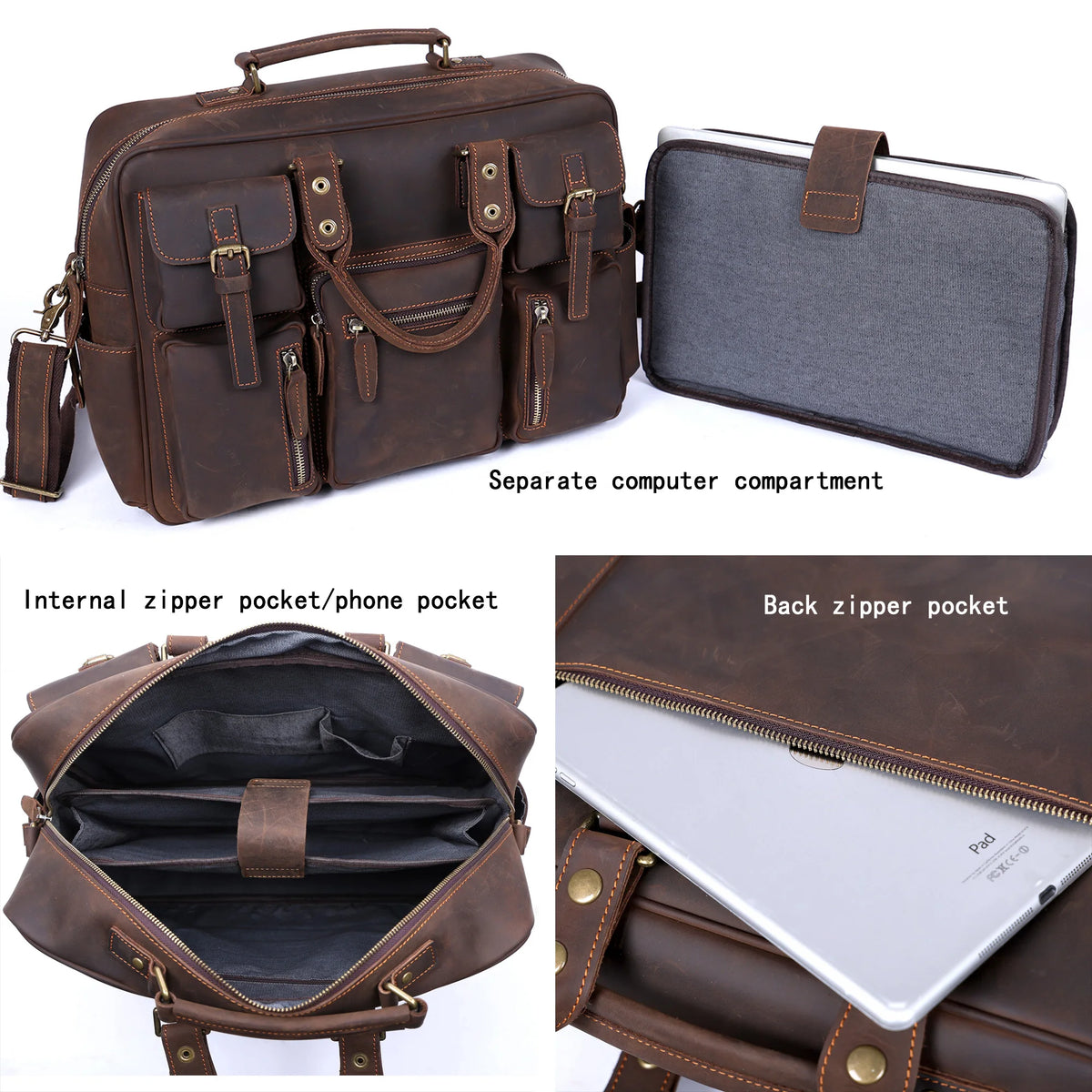 Men's Full Grain Leather Briefcase Laptop Bag 17 Inch